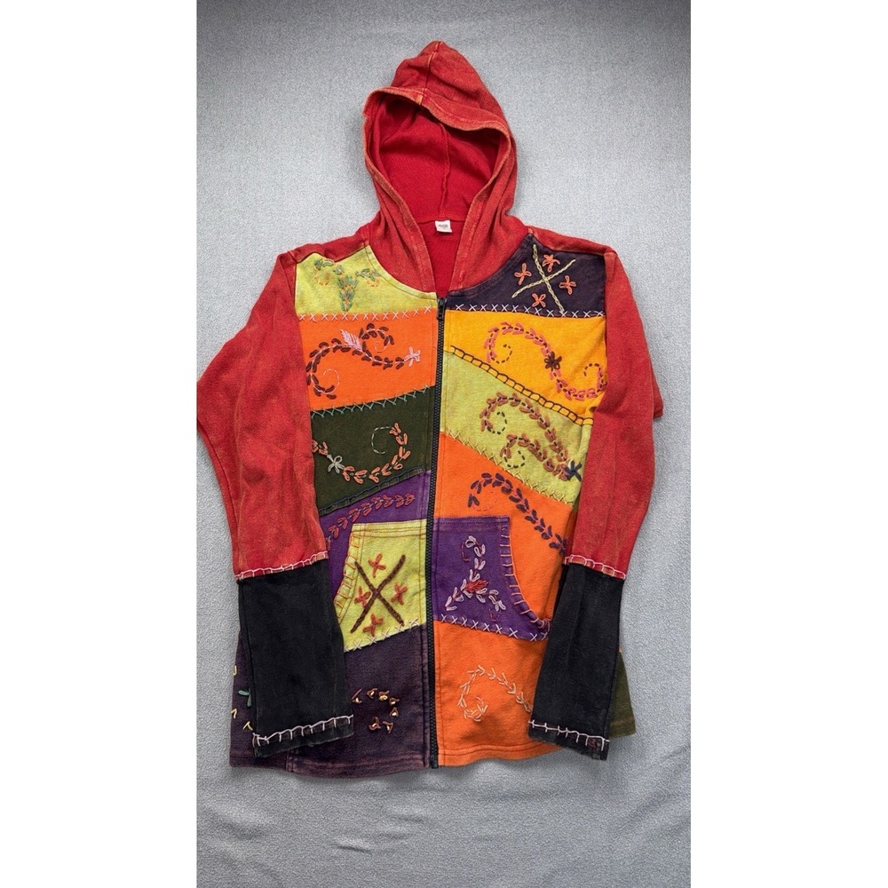 Vintage KCP Zip Front Womans Hoodie Boho Artsy Distressed Patchwork‎ Size Large